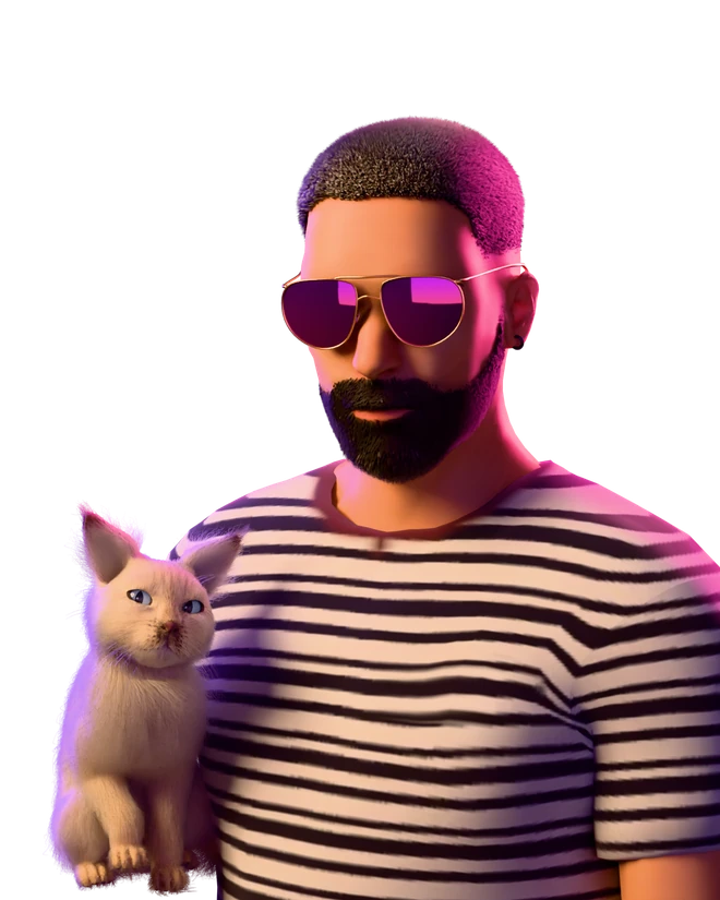 Jesús dibujado como personaje de videojuego: gafas de aviador doradas, un aro oscuro en la oreja, barba y camiseta de rayas, con Dante, un gatito crema lynx point de ojos azules, al hombro como jugador 2.